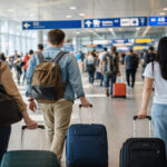 Viele Reisende mit Gepäck in der hellen Abflughalle des Brüsseler Flughafens.