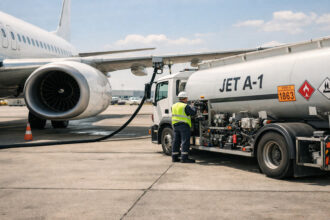 Ein großes Passagierflugzeug wird auf dem Rollfeld eines Flughafens bei Tageslicht mit Kerosin betankt.