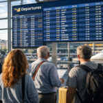 Passagiere blicken auf eine Anzeigetafel für Flüge in einem Flughafen-Terminal, während die Flugpreise nach Griechenland steigen.