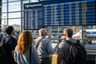 Passagiere blicken auf eine Anzeigetafel für Flüge in einem Flughafen-Terminal, während die Flugpreise nach Griechenland steigen.