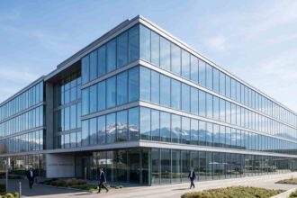 Σύγχρονο επιχειρηματικό κτίριο στην Ελβετία με αντανάκλαση του ουρανού στα τζάμια, συμβολίζοντας την έδρα φαρμακευτικών εταιρειών