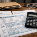 Χαρτιά φορολογικής δήλωσης, στυλό και ένας υπολογιστής σε ένα ξύλινο γραφείο