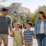 Eine Familie spaziert an einem sonnigen Frühlingstag auf der Fußgängerzone Dionysiou Areopagitou mit Blick auf die Akropolis.
