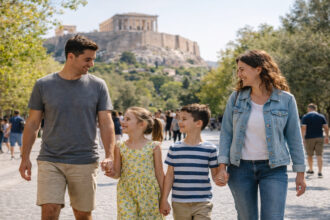 Eine Familie spaziert an einem sonnigen Frühlingstag auf der Fußgängerzone Dionysiou Areopagitou mit Blick auf die Akropolis.