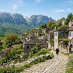 Traditionelle Steinhäuser und blühende Natur in einem Bergdorf auf dem Peloponnes in Griechenland