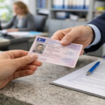 Eine Hand reicht einen Ausweis über den Schalter eines städtischen Büros in Griechenland.