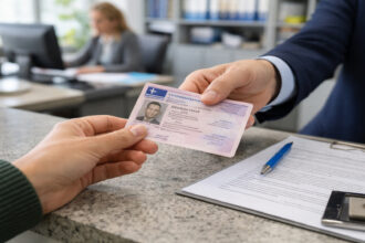 Eine Hand reicht einen Ausweis über den Schalter eines städtischen Büros in Griechenland.