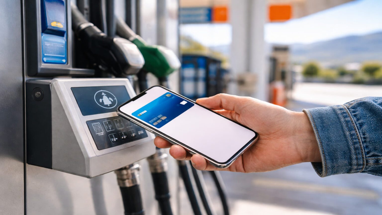 Eine Person hält ein Smartphone an ein Zahlungsterminal an einer Tankstelle in Griechenland.