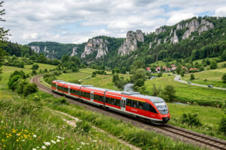 Περιφερειακό τρένο διασχίζει μια καταπράσινη κοιλάδα με απόκρημνους βράχους στο φόντο
