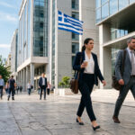 Menschen in Geschäftskleidung gehen an einem sonnigen Tag vor einem modernen Regierungsgebäude in Athen zur Arbeit.