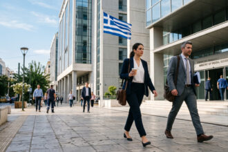 Menschen in Geschäftskleidung gehen an einem sonnigen Tag vor einem modernen Regierungsgebäude in Athen zur Arbeit.