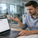 Ein frustrierter Bewerber sitzt bei einem Vorstellungsgespräch ohne klare Gehaltsangaben