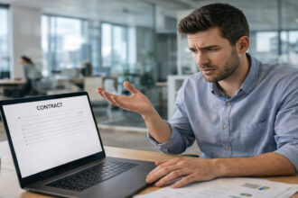 Ein frustrierter Bewerber sitzt bei einem Vorstellungsgespräch ohne klare Gehaltsangaben