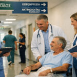 Medizinisches Personal und ein Patient in einem modernen Krankenhausflur in Griechenland.