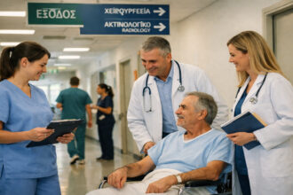 Medizinisches Personal und ein Patient in einem modernen Krankenhausflur in Griechenland.