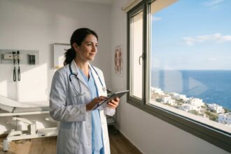 Ιατρικό προσωπικό εξετάζει ασθενείς σε σύγχρονο Κέντρο Υγείας νησιωτικής περιοχής στην Ελλάδα