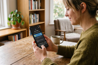 Eine Person hält ein Smartphone in der Hand und nutzt eine moderne KI-Assistenz-App