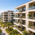 Ein moderner Wohnkomplex in Griechenland mit Balkonen und Meerblick unter blauem Himmel.