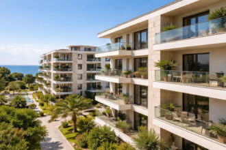 Ein moderner Wohnkomplex in Griechenland mit Balkonen und Meerblick unter blauem Himmel.
