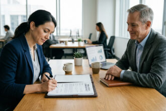 Unterschrift eines Immobilienkreditvertrags bei einer Bank in Griechenland.