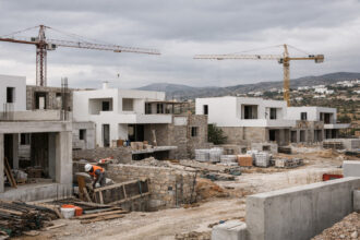 Eine Baustelle in Griechenland vor dem Hintergrund von Kränen und neuen Wohngebäuden.