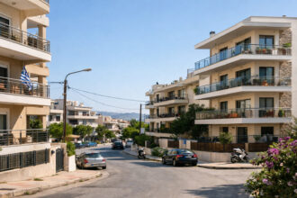 Modernes Wohnhaus in Griechenland mit Blick auf das Meer im Hintergrund