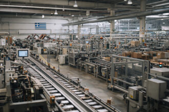 Industrielle Produktionsanlage in Griechenland während des Betriebs mit modernen Maschinen