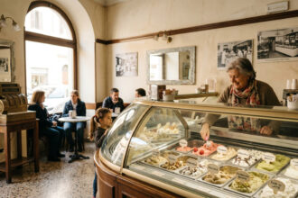 Πελάτες σε ιστορικό κατάστημα παγωτού με παραδοσιακή διακόσμηση