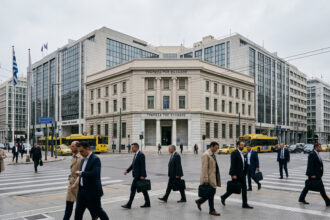 Moderne Architektur im Finanzviertel von Athen unter einem leicht bewölkten Himmel, passend zu den neuen Wirtschaftsprognosen.