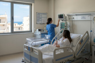 Moderne Geburtsstation in einem griechischen Krankenhaus mit medizinischen Überwachungsgeräten