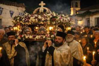 Eine feierliche Karfreitagsprozession in Griechenland mit dem blumengeschmückten Epitaph und brennenden Kerzen in der Nacht.