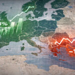 Eine stilisierte Europakarte mit wirtschaftlichen Diagrammen, die das finanzielle Gefälle zwischen Nord- und Südeuropa darstellt.
