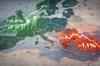 Eine stilisierte Europakarte mit wirtschaftlichen Diagrammen, die das finanzielle Gefälle zwischen Nord- und Südeuropa darstellt.