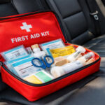 Ein geöffneter Erste-Hilfe-Kasten liegt auf dem Rücksitz eines Autos in Griechenland.