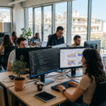 Modernes Büro in Griechenland, in dem Fachleute an Datenanalysen arbeiten