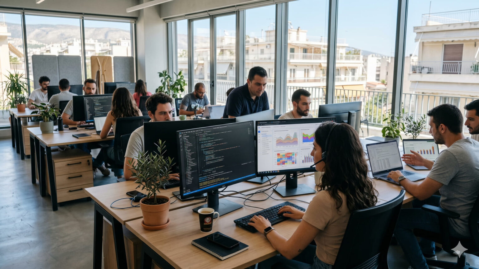 Modernes Büro in Griechenland, in dem Fachleute an Datenanalysen arbeiten