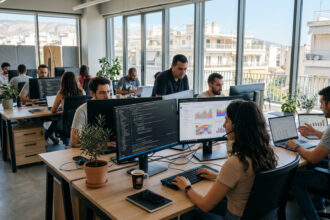 Modernes Büro in Griechenland, in dem Fachleute an Datenanalysen arbeiten