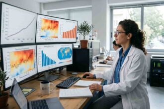 Ερευνητής αναλύει δεδομένα σε μεγάλες οθόνες με κλιματικά διαγράμματα