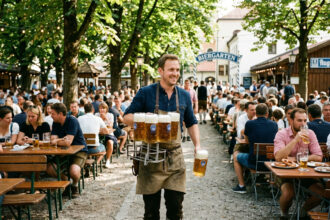 Ένας σερβιτόρος σε παραδοσιακό γερμανικό εστιατόριο κρατάει μεγάλες κούπες με μπίρα