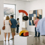 Besucher betrachten moderne Kunstwerke in einer hellen Galerie in Athen