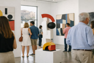 Besucher betrachten moderne Kunstwerke in einer hellen Galerie in Athen