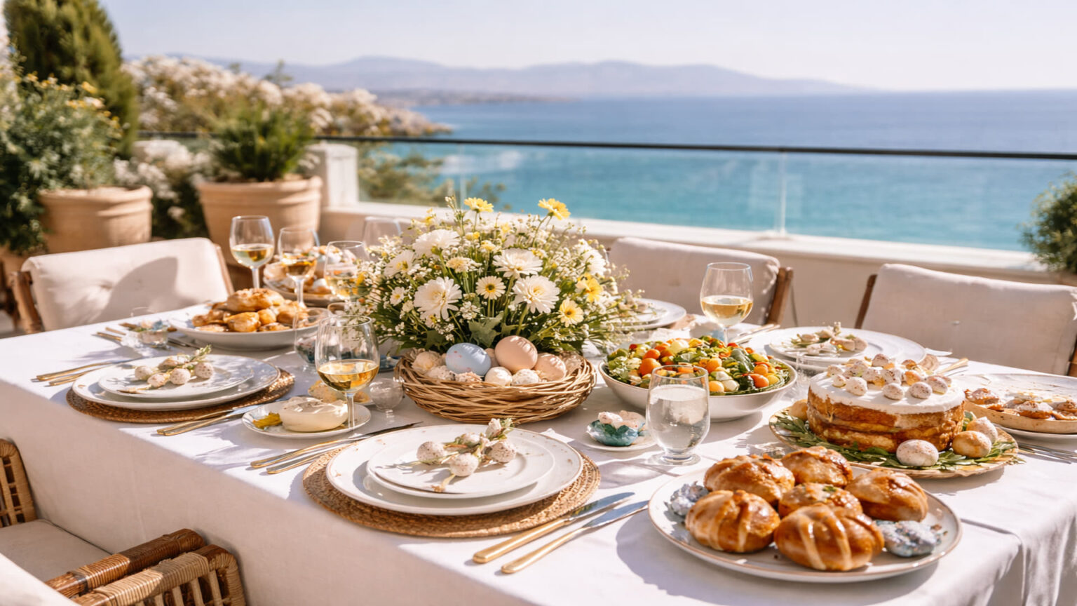 Ein festlich gedeckter Ostertisch auf einer Restaurantterrasse in Athen mit Blick auf das Meer.