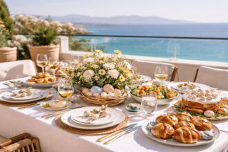 Ein festlich gedeckter Ostertisch auf einer Restaurantterrasse in Athen mit Blick auf das Meer.