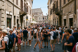 Dichte Menschenmengen von Touristen schieben sich durch eine schmale Gasse im historischen Zentrum von Athen.