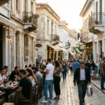 Ein Blick auf eine belebte Straße im historischen Zentrum von Athen, die die aktuellen Herausforderungen des Massentourismus und der Stadtplanung zeigt.