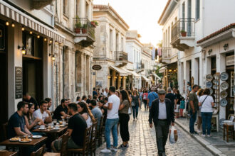 Ein Blick auf eine belebte Straße im historischen Zentrum von Athen, die die aktuellen Herausforderungen des Massentourismus und der Stadtplanung zeigt.