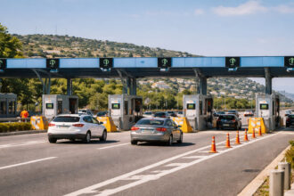 Eine moderne Mautstation auf einer griechischen Autobahn mit Fahrzeugen, die sich den Schranken nähern.