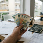 Eine Hand hält Euro-Banknoten vor dem Hintergrund griechischer Arbeitsverträge und Finanzdokumente.