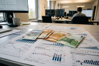 Χαρτονομίσματα του ευρώ πάνω σε οικονομικά διαγράμματα