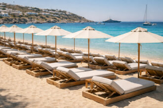 Reihen von leeren Sonnenliegen und Schirmen an einem Sandstrand auf der Insel Mykonos